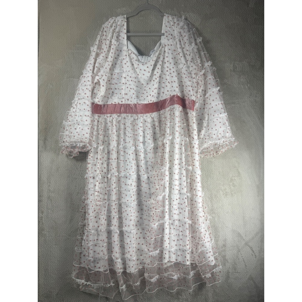 Ivy City Co Sweetheart Dress 4X White Pink Heart Mesh Ruffle Velvet Trim Plus - Picture 2 of 11